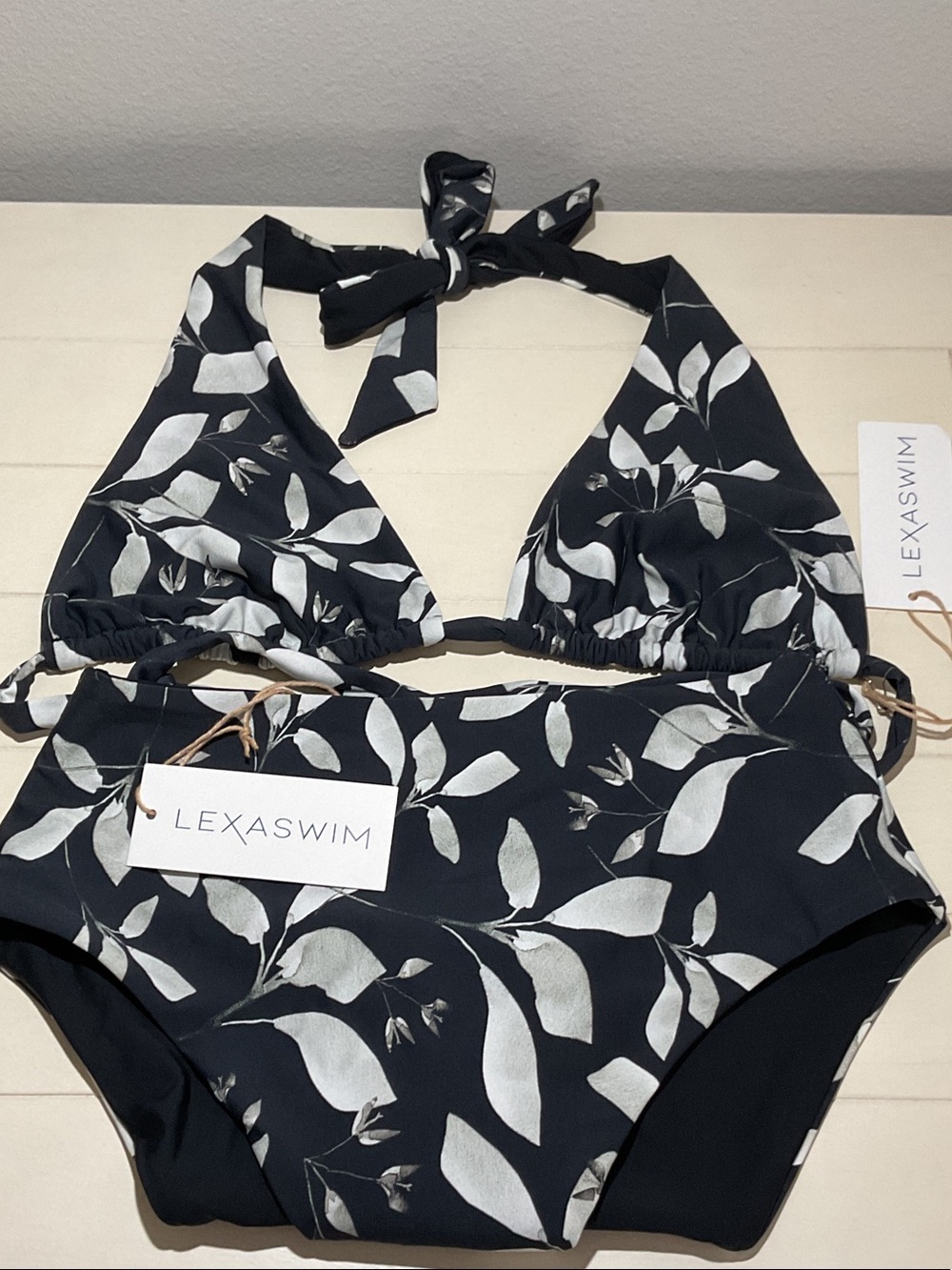 Black & White Leaf Halter Bikini
